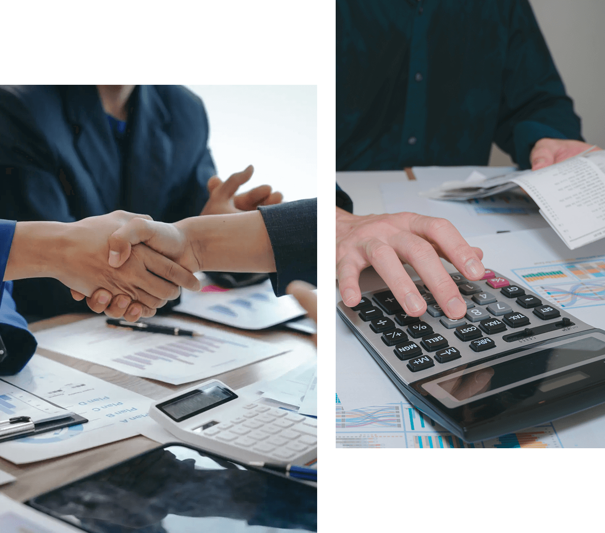 Handshake and calculator on business documents.