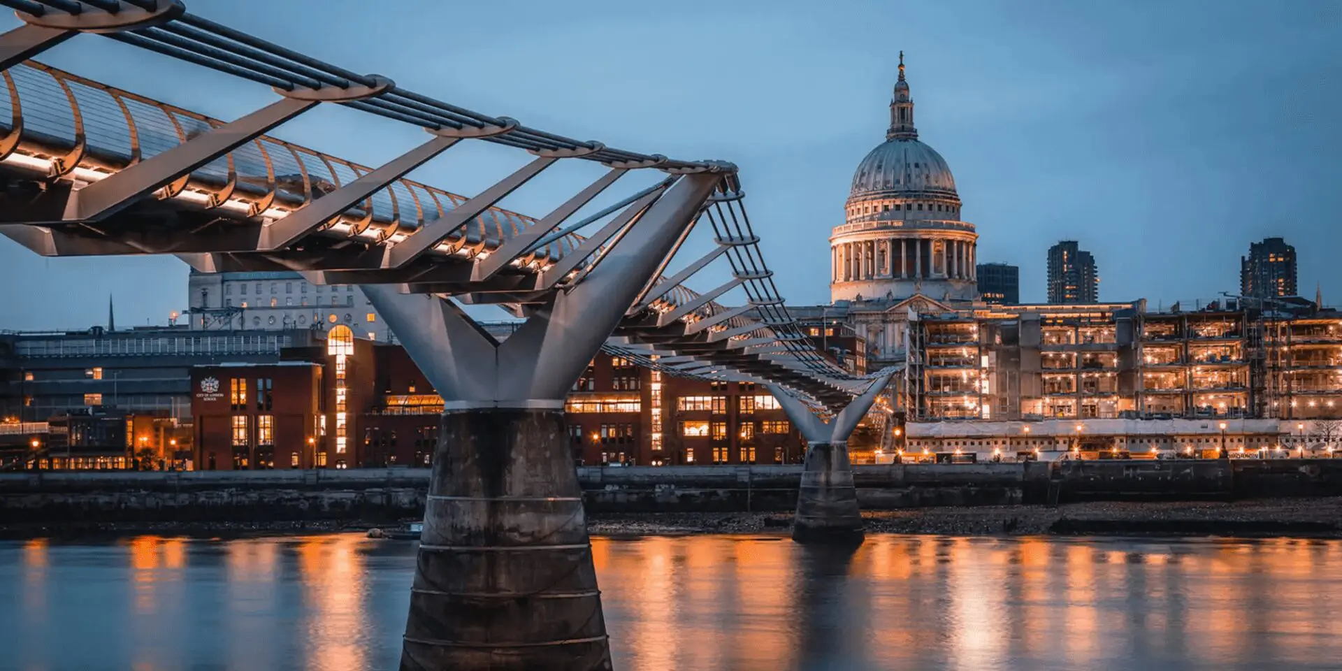 Millennium Bridge and St. Paul's Cathedral at dusk.